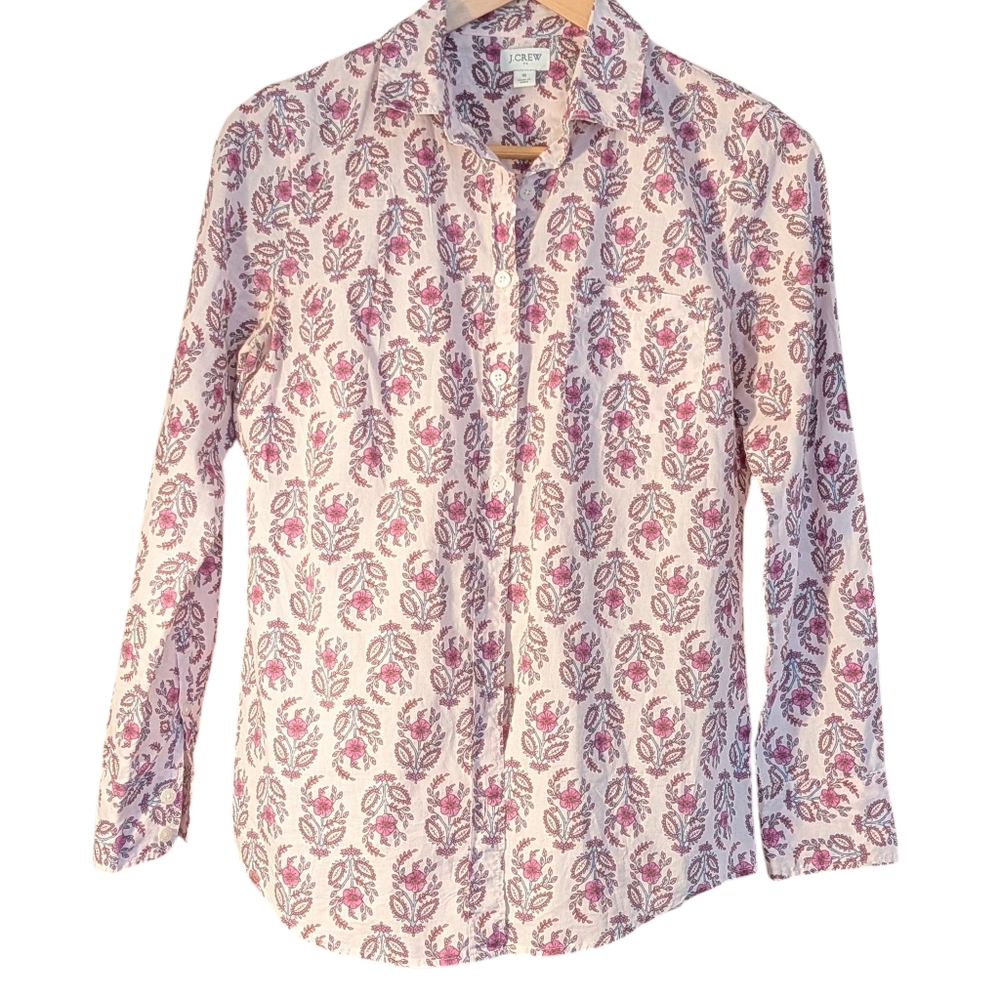 J. Crew Pink and White Patterned Shirt Button Up Preppy Casual Floral Basic